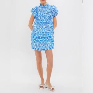 Blue & White Ruffle Sleeve Simmons Mini Dress